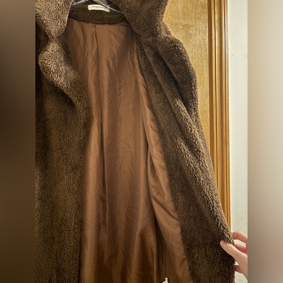 Angashion Women's Brown Fuzzy Fleece Lapel Open Front Long Coat Faux Fur - Picture 4 of 9